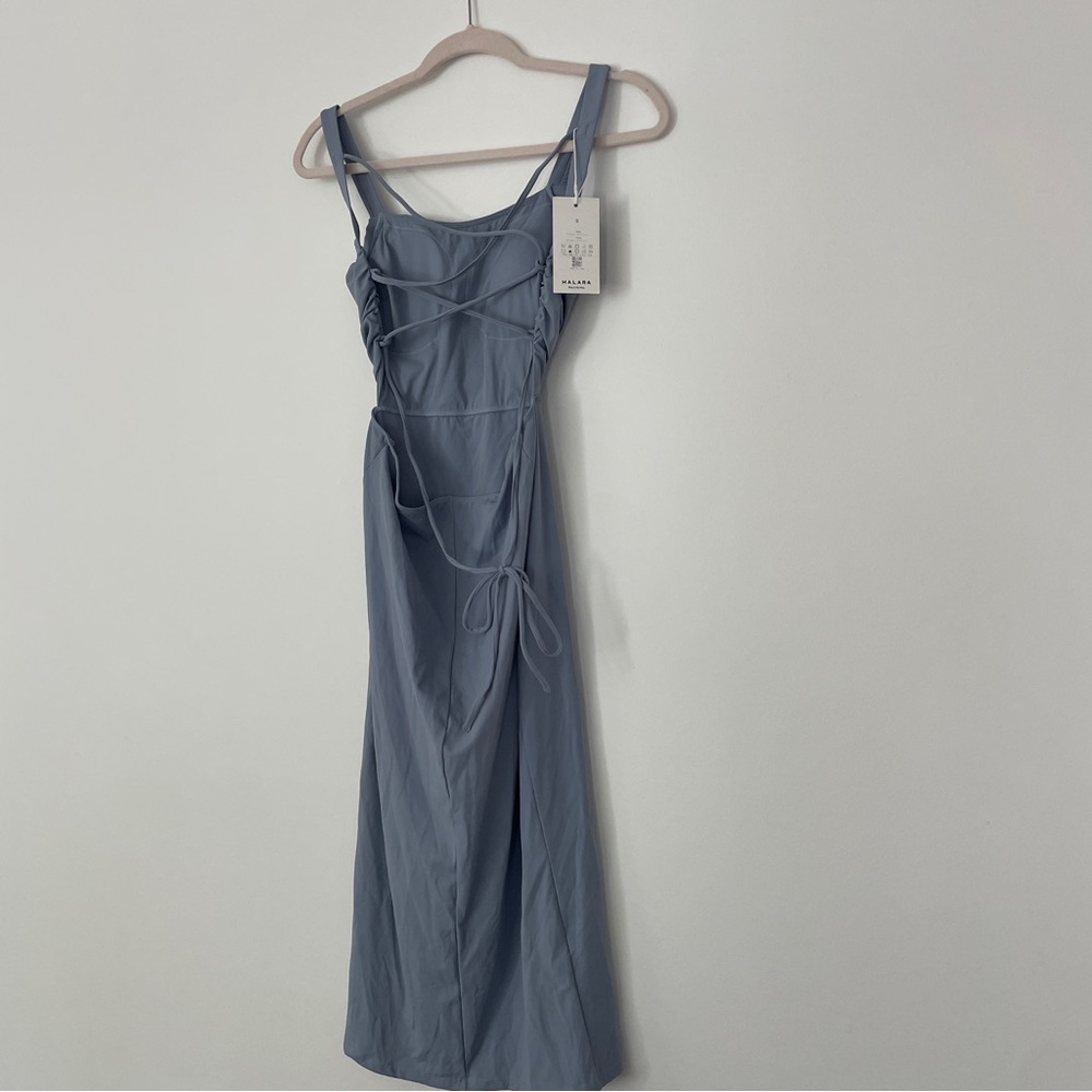 NWT Halara Ruched Lace Up Bodycon Midi Dress - Snowfake Blue - Size S - Picture 7 of 9